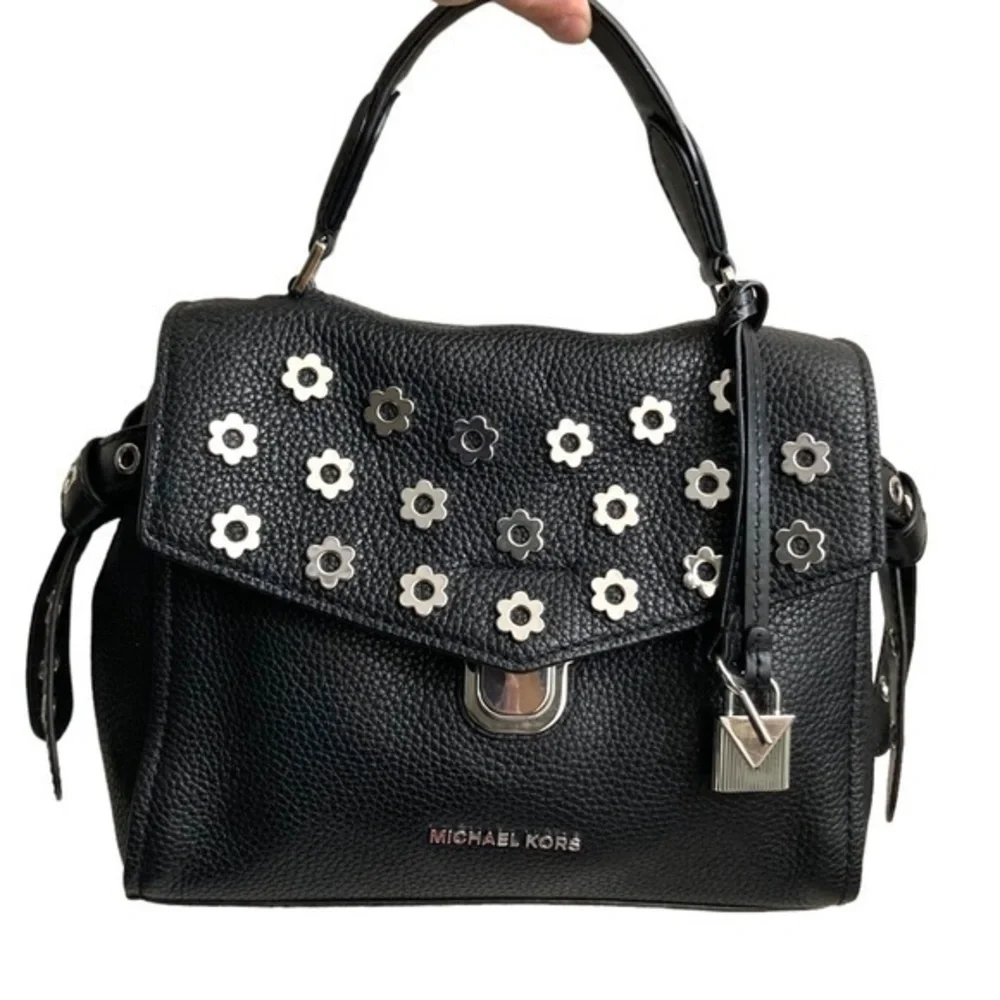 Michael kors black leather Bristol floral flowers embellished mini satchel bay